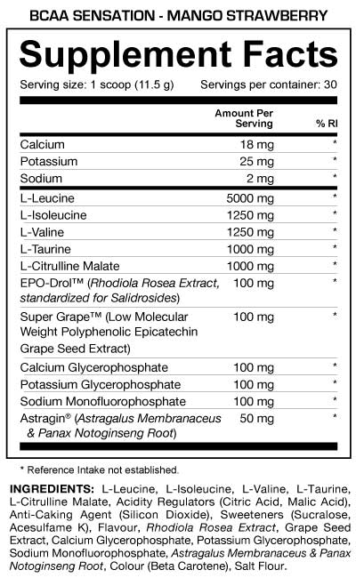 Dedicated BCAA Sensation Mango Strawberry Supplement Facts