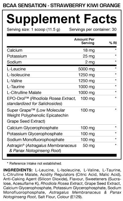 Dedicated BCAA Sensation Strawberry Kiwi Orange Supplement Facts